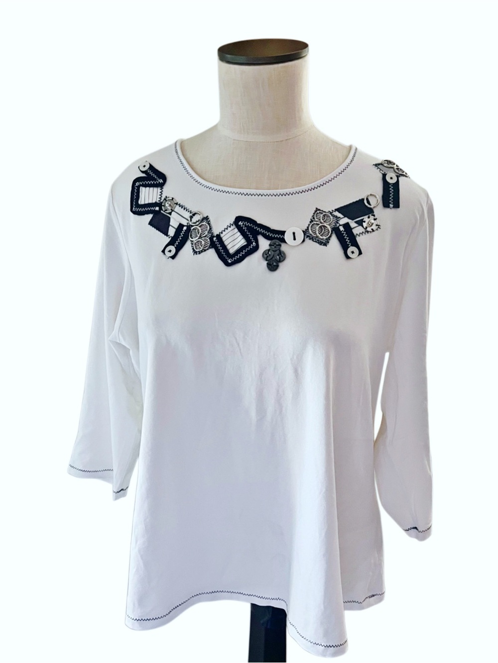 Coldwater Creek Womens Scoop Neck 3/4 Sleeve Cotton White/Navy Top 1X
